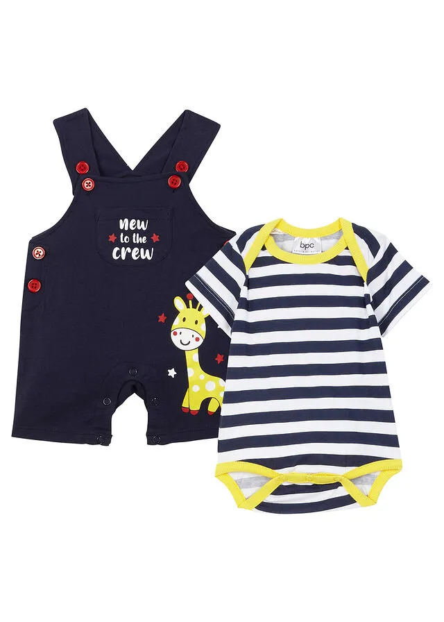 BODY DE MANGA CORTA + PETO PARA BEBé (2 PIEZAS) DE ALGODóN ORGáNICO AZUL OSCUROBLANCOAMARILLO ESTAMPADO